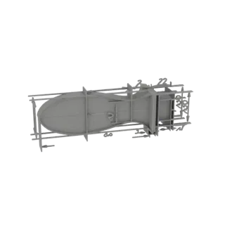 3D модель винтажной бомбы с линиями размеров в стиле чертежа, вид сбоку.