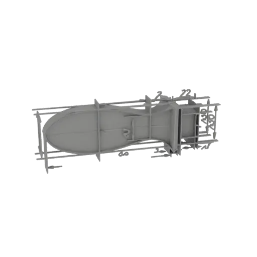 3D модель винтажной бомбы с линиями размеров в стиле чертежа, вид сбоку.