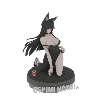 3D модель аниме девушки-волка с черными волосами и красными глазами, в черном платье, стоящая на коленях на черной круглой по