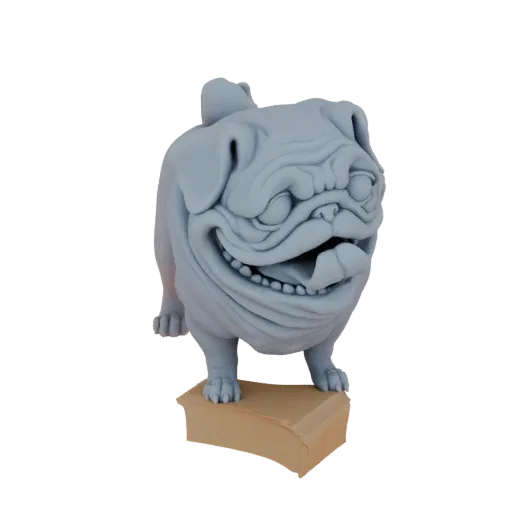 Рендер 3D модели светло-серой статуэтки мопса с широкой, зубастой ухмылкой и закрытыми глазами, стоящей на бежевой подставке.