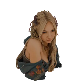 3D model of a fantasy woman's bust with blonde braided hair adorned with flowers, wearing a teal garment with floral embroide