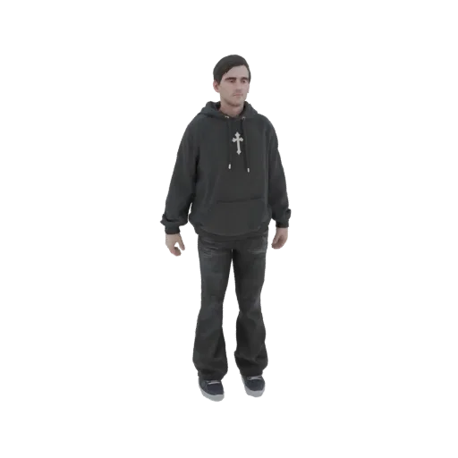 3D модель мужчины в темном худи с белым крестом и рваных джинсах, стоящего на белом фоне.