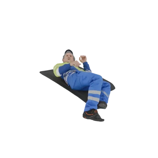 3D-модель мужчины-рабочего в синем комбинезоне и сигнальном жилете, лежащего на темном коврике, в кепке и кроссовках.