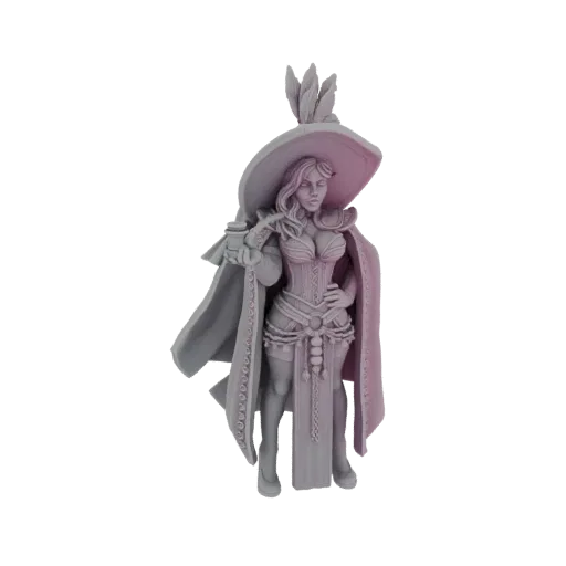 3D модель элегантной волшебницы с большой шляпой с перьями, развевающимся плащом и детализированным корсетом, представленная