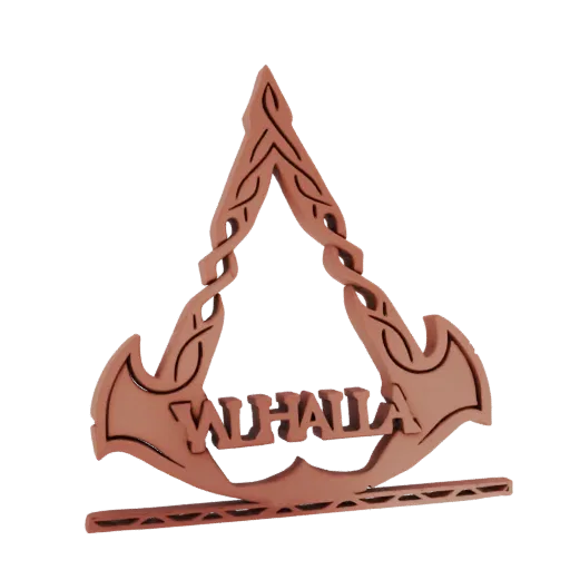 3D модель символа Assassin's Creed Valhalla с замысловатым узором и названием игры, выполненная в красно-коричневом материале