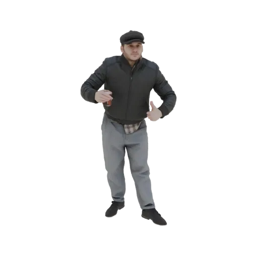 3D модель мужчины в кепке, черной куртке и серых брюках, держащего напиток и показывающего "класс".