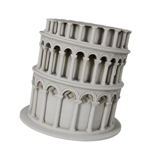 Стилизованная 3D модель Пизанской башни, изометрический вид стилизованной игровой среды, показывающий материалы структуры дос