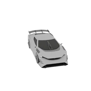 3D model of a futuristic gray sports car with a large rear spoiler, viewed from a three-quarter front angle.
