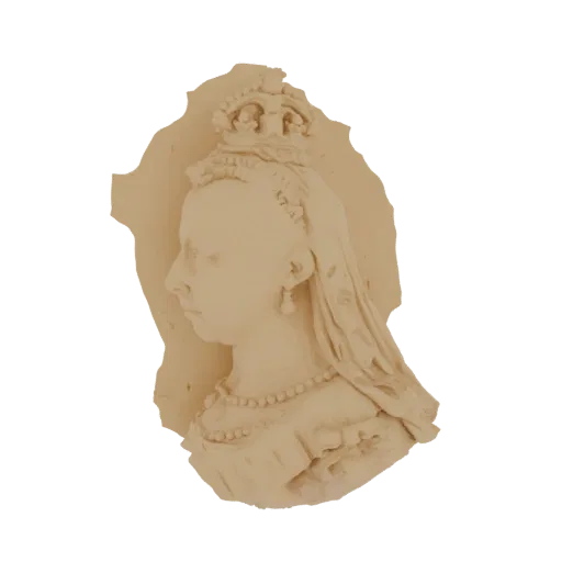 3D модель бюста королевы Виктории, вид в профиль, в короне и с жемчугом, рендеринг в матовом бежевом материале.