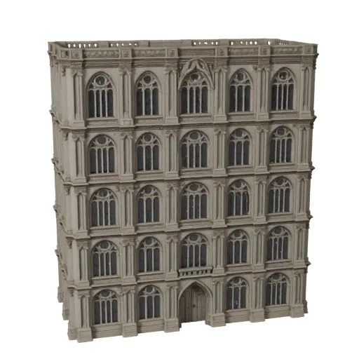 Готический фасад, печатная STL 3D модель, изометрический вид, показывающий материалы фасада здания и архитектурные детали