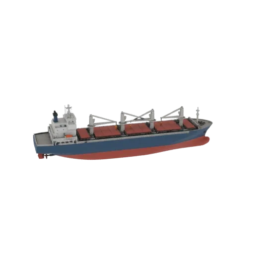 3D модель сине-красного балкера с видимыми грузовыми люками и кранами на черном фоне.