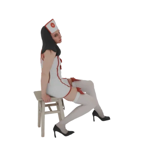 3D модель девушки в костюме медсестры для косплея, сидящей на стуле и смотрящей в сторону.