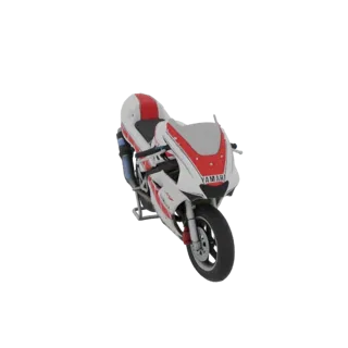 3D-модель красно-белого мини-спортбайка Yamaha R15 с черной шиной и серебристыми дисками, представленная на белом фоне.