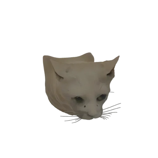 3D модель головы грустного кота с зелеными глазами и тонкими усами, на белом фоне.