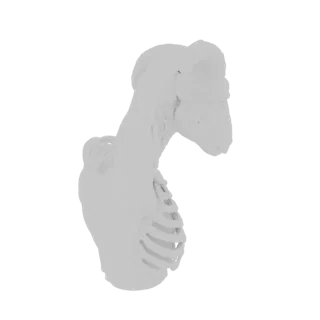 3D модель женщины с головой ягненка, видимыми ребрами и поднятой рукой с крестом, на белом фоне