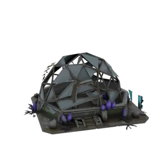 3D модель разрушенной геодезической оранжереи с разбитыми панелями, заросшими растениями и светящимися фиолетовыми кристаллам