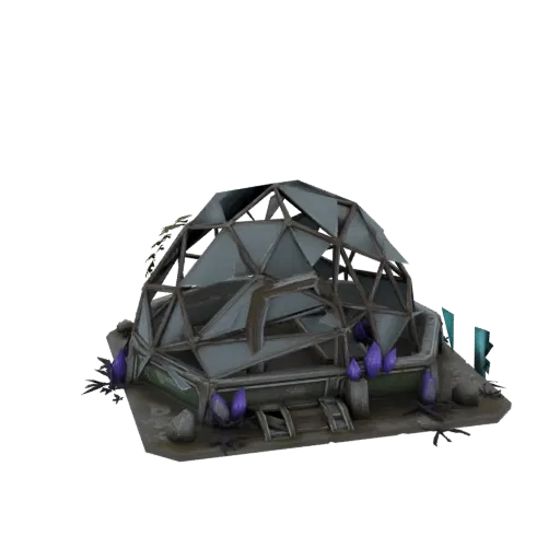 3D модель разрушенной геодезической оранжереи с разбитыми панелями, заросшими растениями и светящимися фиолетовыми кристаллам