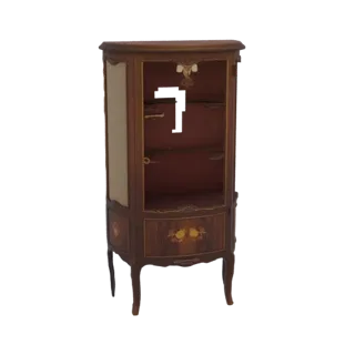 3D модель антикварного деревянного витринного шкафа со стеклянными дверцами и изысканным цветочным маркетри на нижней части,
