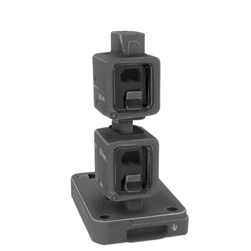 3D рендер крепления оптического прицела Dual Cube с двухъярусными кубическими корпусами и окулярами на черном фоне.