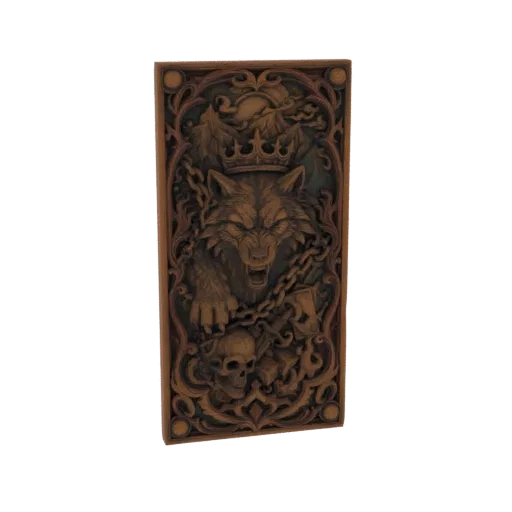 3D модель рельефной резьбы с коронованным волком-королем, цепями и черепом, выполненная в текстуре темного дерева.