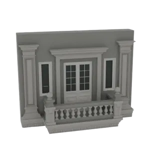 3D модель классического балкона с двойными дверями, резными перилами и декоративными колоннами на сером фоне.