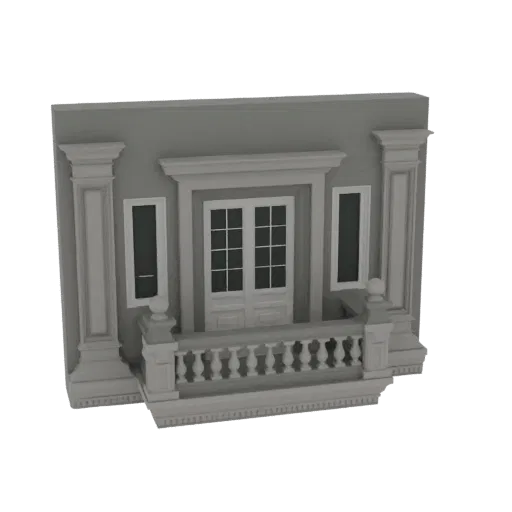 3D модель классического балкона с двойными дверями, резными перилами и декоративными колоннами на сером фоне.