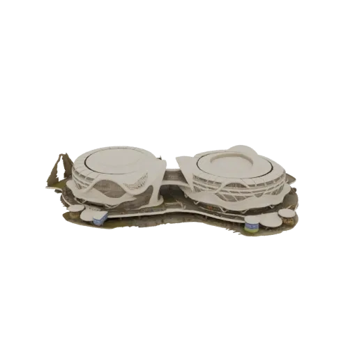 3D модель футуристического комплекса двойных стадионов с двумя соединенными изогнутыми конструкциями и детализированным ландш