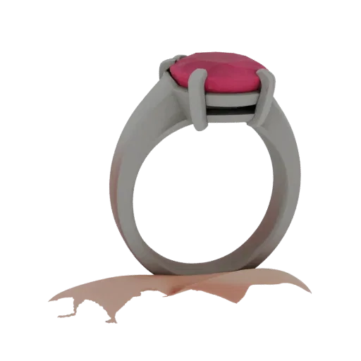 Готовая к печати 3D-модель кольца с рубином, студийный рендер в трехчетвертном ракурсе, показывающий форму кольца, поверхност