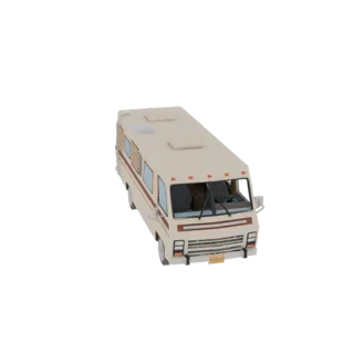 3D модель классического кремового фургона-кемпера RV с коричневой отделкой, вид с немного приподнятого передне-правого угла.