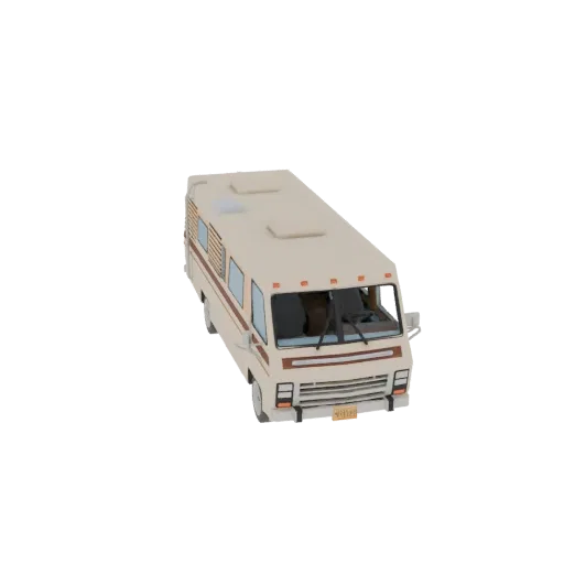 3D модель классического кремового фургона-кемпера RV с коричневой отделкой, вид с немного приподнятого передне-правого угла.