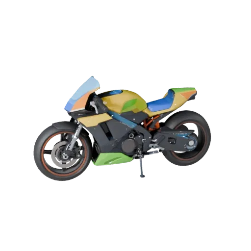 Мультяшная 3D-модель мотоцикла в стиле киберпанк, вид в студии с трех четвертей, стилизованный актив транспортного средства с