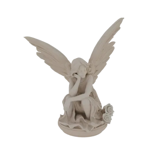 3D модель задумчивого ангела с раскинутыми крыльями, подпирающего подбородок рукой, с двумя розами у основания.