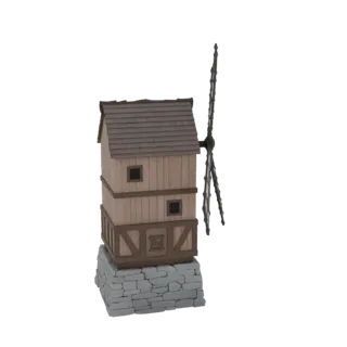 3D модель деревенской деревянной мельницы с каменным основанием и четырьмя лопастями на белом фоне.