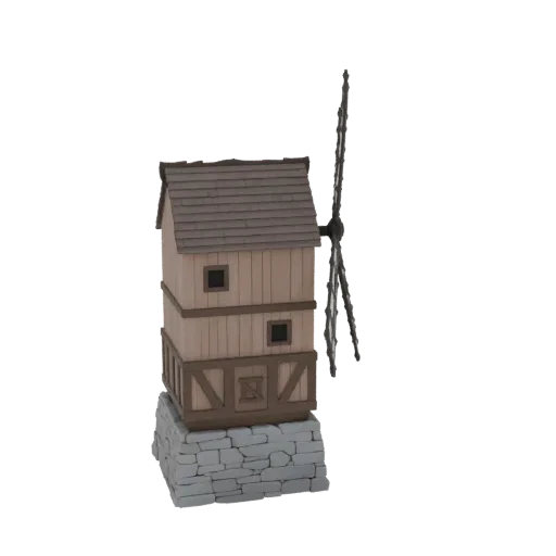 3D модель деревенской деревянной мельницы с каменным основанием и четырьмя лопастями на белом фоне.