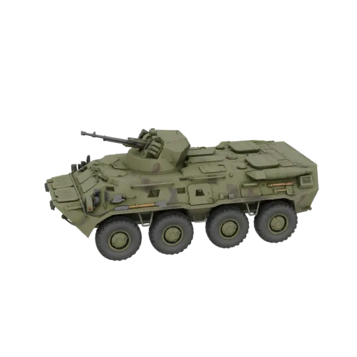 3D модель зеленого 8x8 колесного БТР с башней, вид с трехчетвертного ракурса.