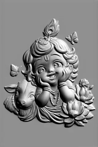 3D модель барельефа младенца Кришны, сидящего с руками у щек, окруженного лотосами и бабочками