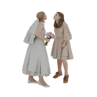3D-модель невесты в белом платье и подружки невесты в розовом платье, склоняющихся для поцелуя и держащих букет.