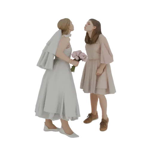 3D-модель невесты в белом платье и подружки невесты в розовом платье, склоняющихся для поцелуя и держащих букет.