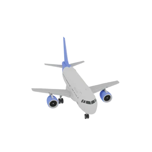 3D модель пассажирского самолета Airbus A320 с убранными шасси, вид спереди и сверху