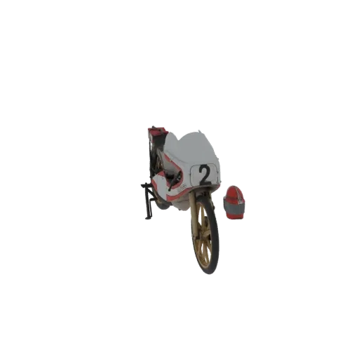 3D модель винтажного бело-красного гоночного мотоцикла с золотыми колесами и номером '2' спереди, рядом с соответствующим кра