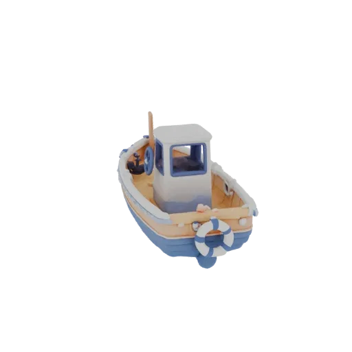 3D модель детского кораблика в голубом, белом и бежевом цветах, с якорем и спасательным кругом, на белом фоне