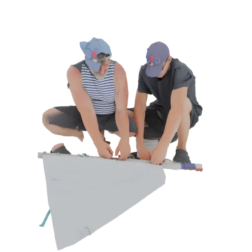 3D модель двух мужчин в синих бескозырках, один в полосатой рубашке, другой в темной, присевших и работающих со светло-серым