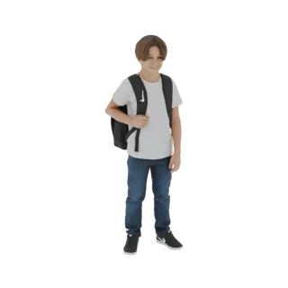3D модель мальчика с каштановыми волосами, в белой футболке, синих джинсах и черном рюкзаке, улыбающегося.