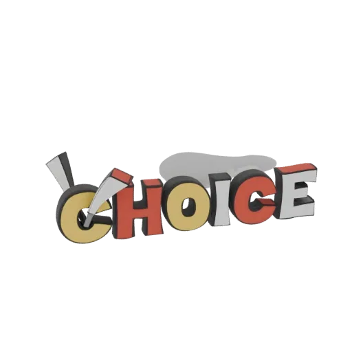 3D рендер слова 'Choice' стилизованным, цветным шрифтом с тенью.