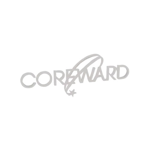 3D-модель логотипа Coreward, стилизованная 'C' с росчерком и звездой.