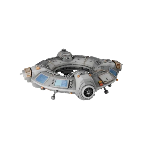 Низкополигональная 3D модель Исследовательский стыковочный узел, вид в игровом окне с трех четвертей, показывающий металличес