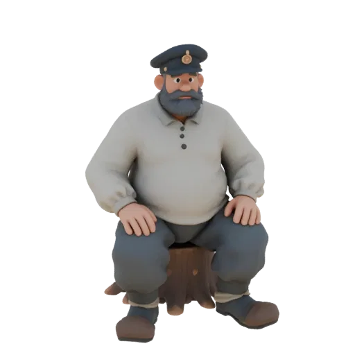 3D модель старого деда в русской одежде, сидящего на пеньке, с бородой и в фуражке