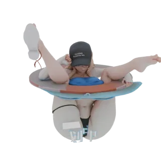 3D модель аниме девушки с светлыми волосами, в кепке и купальнике, позирующая внутри красочного надувного круга.
