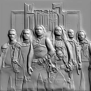 3D модель барельефа с изображением группы из шести рокеров в стиле рок-музыки.