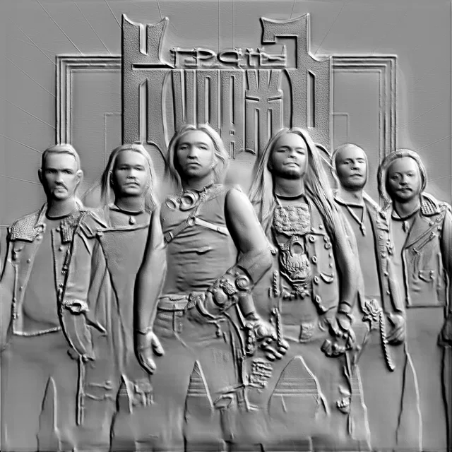 3D модель барельефа с изображением группы из шести рокеров в стиле рок-музыки.